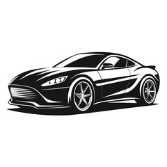 a sleek sports car in side profile, dynamic and aerodynamic shape with bold curves and detailed wheels, minimalist vector illustration isolated on white background, ideal for automotive logos, racing 
