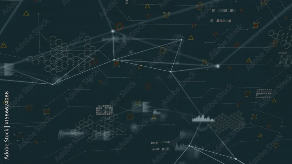 Poster Teal field spawning lines and nodes, ring pulsing and network dissolving showing data