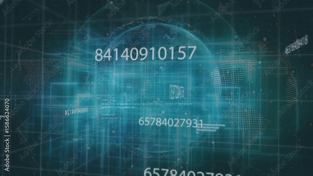 Poster Floating numeric codes starting 3D globe emerging and rotating while grid lines streaming data