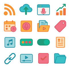 Podcast icon collection: simple linear microphone, music, upload, tag, calendar