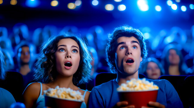 Couple watches movie in theater, expressions of awe and excitement visible. Dimly lit environment with bright screen enhances atmosphere. Concept of entertainment, film industry, cinema