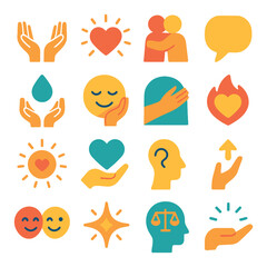 Emotional support icon collection. mental health flat symbols. heart, hug, mind, balance