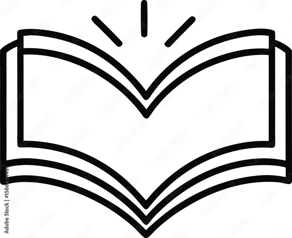 Poster line drawing of an open book emitting a bright light symbol isolated on transparent background