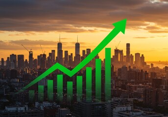 Financial Growth Graph over Modern City Skyline at Sunset. Economic Success and Urban Development Concept. Upward Trend Arrow on Cityscape Background. Business and Real Estate Market Growth Chart