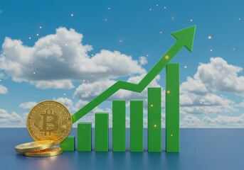 Financial Growth with Coin Stacks, Upward Arrow. Economic Success and Investment Growth over City Skyline. Rising Coin Chart, Green Arrow on Urban Background. Real Estate Investment and Market Boom 