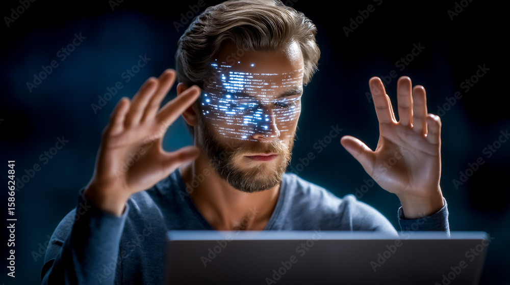 Poster man engages with advanced digital interface, displaying glowing data patterns on his face. dark abst
