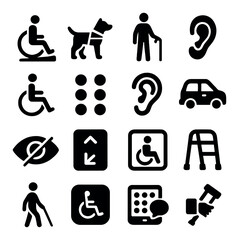 Disability support icon collection. simple silhouette icons for accessibility: wheelchair, cane, ear, dog, braille, walker, vehicle, eye, phone, tools