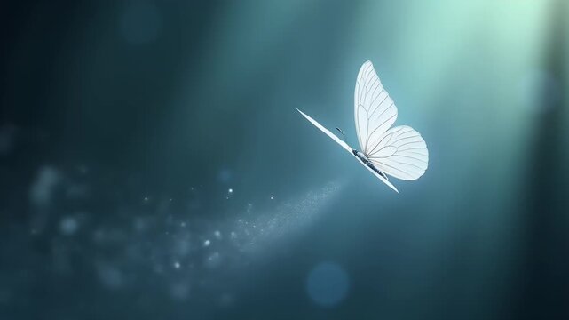 A beautifully animated white butterfly glides gracefully shimmering glowing effects isolated alpha channel ultra HD 4K ideal fantasy scenes magical storytelling romantic event animations fairytale