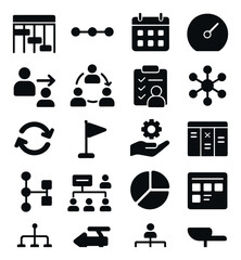 Project coordination icon collection. simple silhouette workflow, task, schedule, chart, network