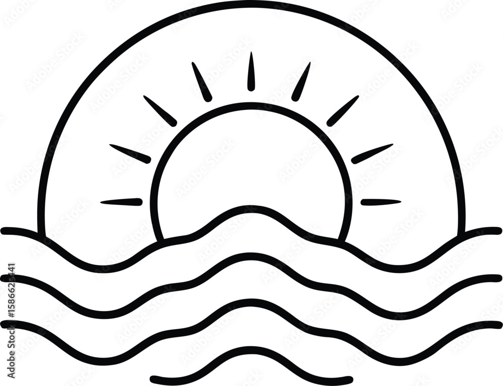 Poster minimalist line art of a sun setting over ocean waves isolated on transparent background
