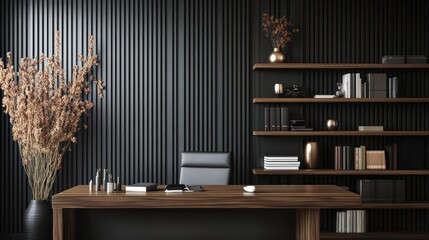 Home office with a wooden desk and shelves against a black vertical striped wall