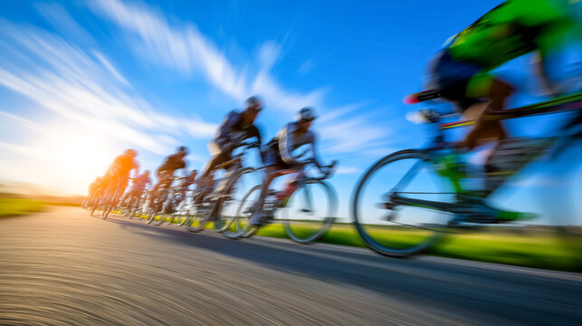 Group of cyclists pedaling vigorously on open road under bright sky. Golden sunlight adds dramatic effect, enhancing motion and energy. Concept of sports, cycling events, outdoor fitness