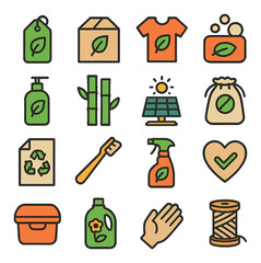 Eco product icon collection. sustainability, recycle, solar, bamboo, heart, soap, bag,