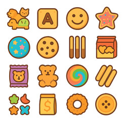 Kids' biscuit icon collection. child-friendly snack flat icons. animal, cookie, smiley, bear