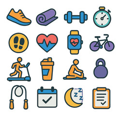 Minimal fitness icon collection: linear fitness, gym, yoga, health, running, cycling