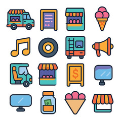 Ice cream icon collection: sweet treats simple design. ice cream, truck, cone, cart, megaphone