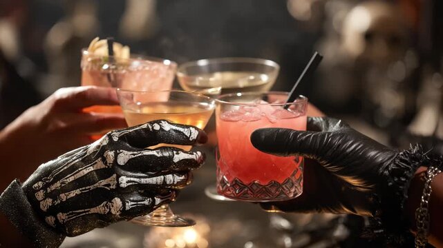Two hands, one skeletal, clinking festive cocktails in a dark, spooky setting.

