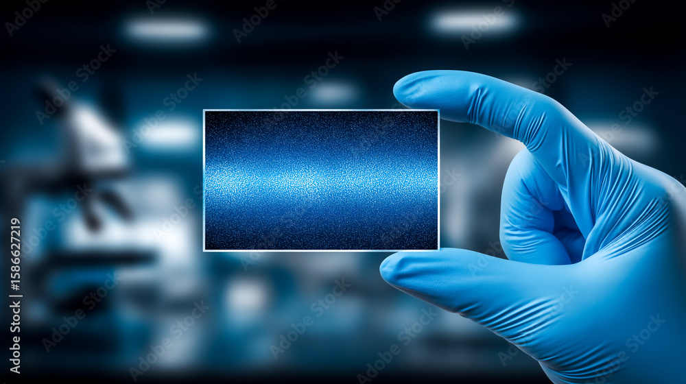 Poster hand with blue glove presents digital display showing blue data pattern. modern laboratory environme