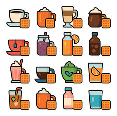Beverage and waffle icon collection. simple flat coffee, juice, milkshake, waffle