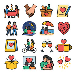Romantic icon collection: love, date, heart, picnic, gift, couple silhouette