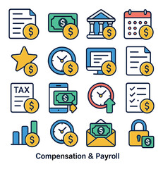 Payroll & compensation icon collection. simple finance and salary linear icons. tax, bank, money, chart