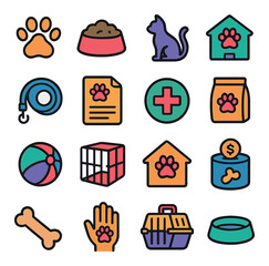 Animal welfare icon collection. simple pet care, paw, cat, dog, leash, bone, shelter