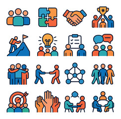 Team building icon collection. simple linear icons: puzzle, handshake, trophy, hike, idea, discussion, cooperation