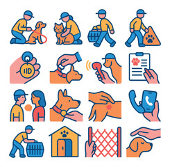Animal rescue icon collection. pet adoption flat icons: dog, cat, shelter, safety, volunteer, heart, care,