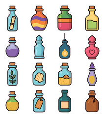 Decorative bottle icon collection. flat style potion, jar, glass, container, cork, magic