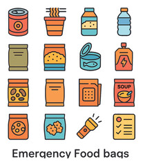 Emergency food icon collection. simple survival kit, canned food, water, soup, noodles, flashlight