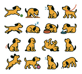 Dog activity icon collection. pet behavior flat icons: walk, sleep, eat, bark, fetch