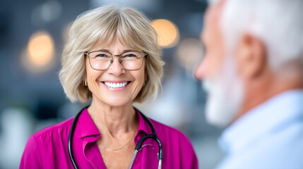 Healthcare professional looking at camera with a warm smile in a modern clinic. Blurred background creates inviting atmosphere. Concept of patient care, healthcare services, medical consultation