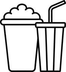 Outline icon of a popcorn bucket and soft drink cup isolated on transparent background