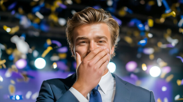 Man looks at camera, hand covering mouth in surprise during celebration. Vibrant confetti fills the air in a festive setting. Concept of events, celebrations, achievement
