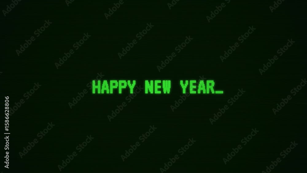 Poster retro computer screen displays cheerful happy new year greeting with bright green text against a dar