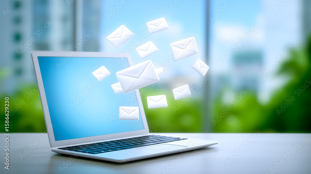 Aufkleber laptop displays vibrant blue screen with multiple envelopes appearing to soar from it. bright office