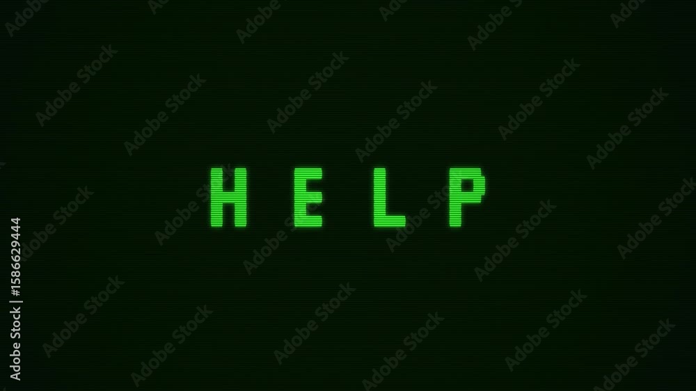 Aufkleber retro computer screen displays urgent help message in green text on dark background showcasing vinta