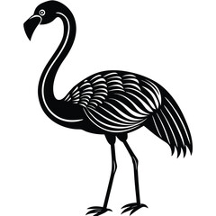 Obraz premium Pure black flat design of a standing flamingo with one leg raised, elegant curved neck and detailed beak, isolated on white background. 
