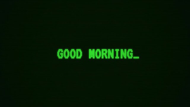 Retro computer screen displays digital GOOD MORNING greeting in 8-bit style graphics showcasing morning vibe and nostalgia for tech enthusiasts