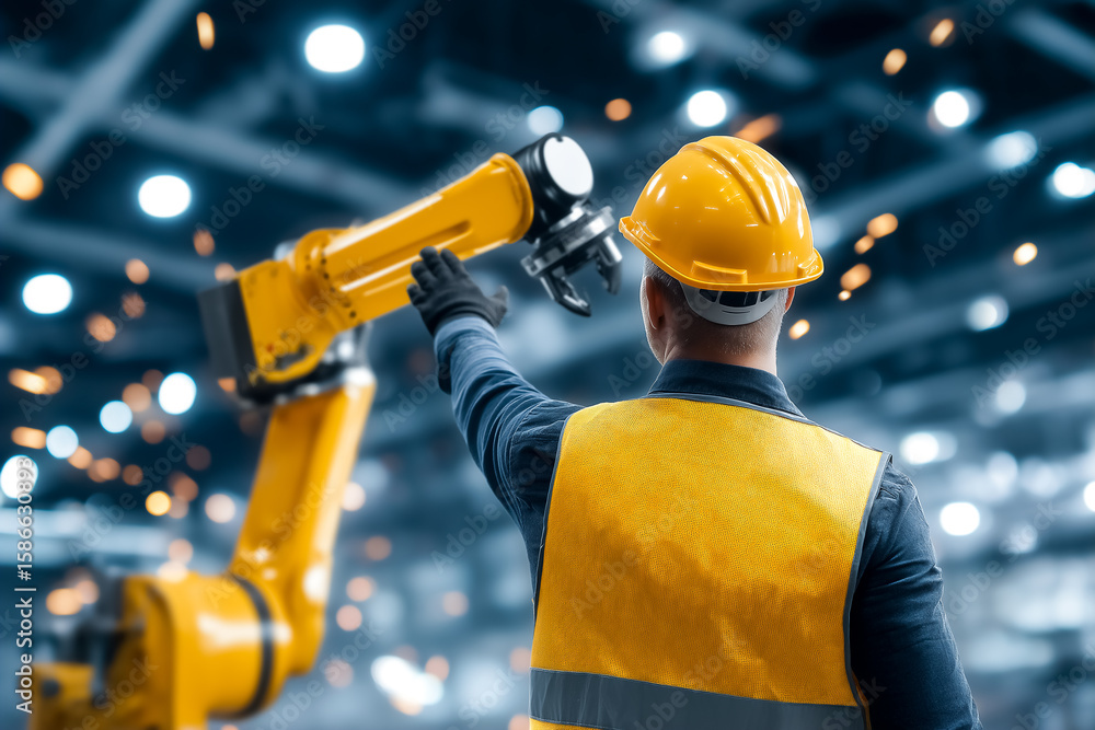 Poster worker in safety helmet and vest controlling robotic arm in busy manufacturing environment. bright s