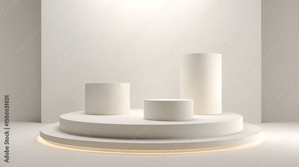 Poster elegant minimal cylinder podium display illuminating a soft glow, presenting luxury in a clean studi