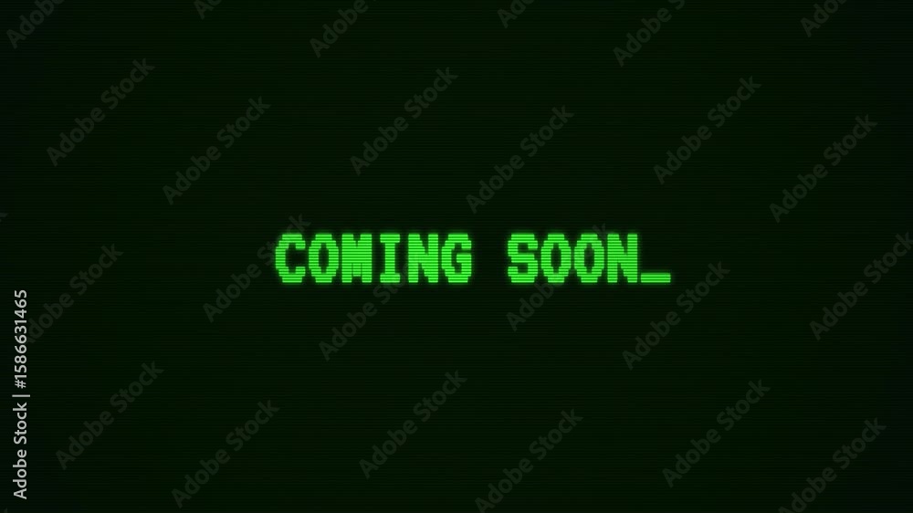 Poster retro computer screen displays upcoming announcement with green coming soon text on black background
