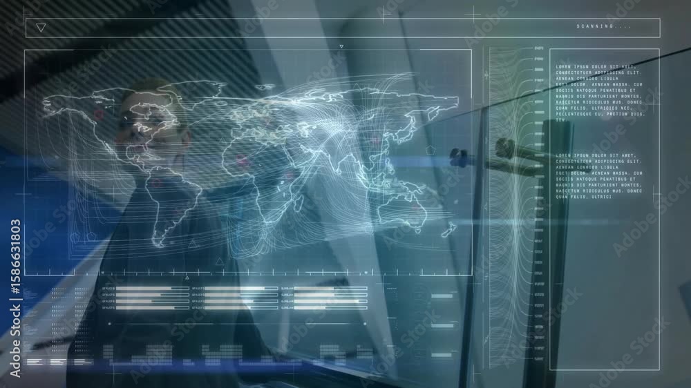 Aufkleber businesswoman analyzing global data with holographic map appearing and data panel updating