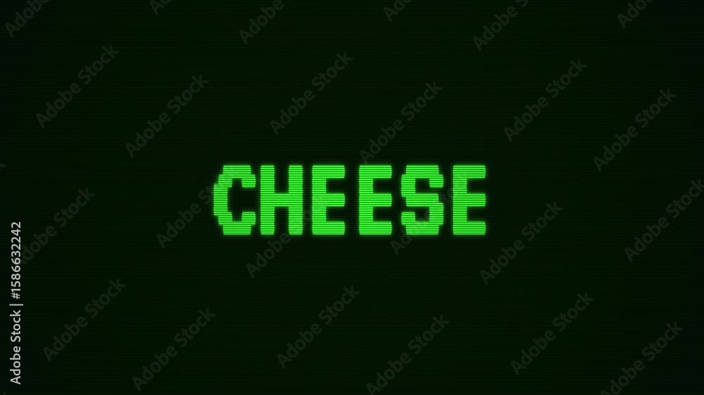 Poster retro computer screen displays cheese text in vibrant green with electronic sound effects conveying 