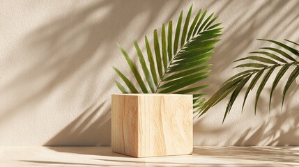 Minimalist beauty product display: Wooden cube with palm leaf shadows on beige textured background creating a serene atmosphere