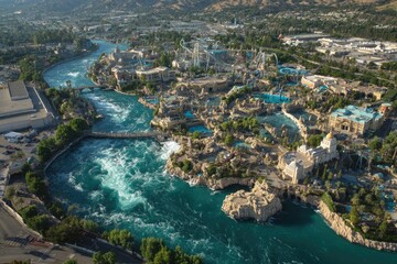 Fototapeta premium Aerial view of water park, city, and mountains. Use tourism, travel