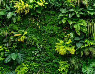 Lush vertical garden with vibrant green foliage and diverse plant textures