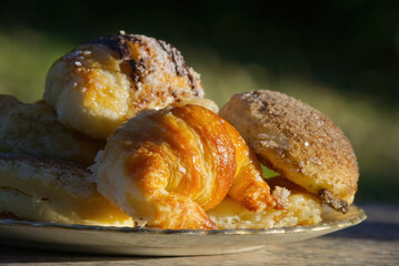Freshly Argentinian traditional baked pastries, including croissants and muffins, sit on a plate, bathed in sunlight