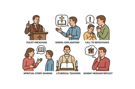 Diverse religious teaching methods – preaching, explanation, repentance call, story sharing