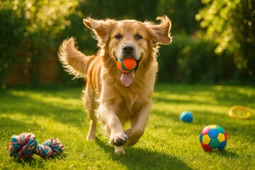 A playful golden retriever running through a green backyard with a bright ball in its mouth